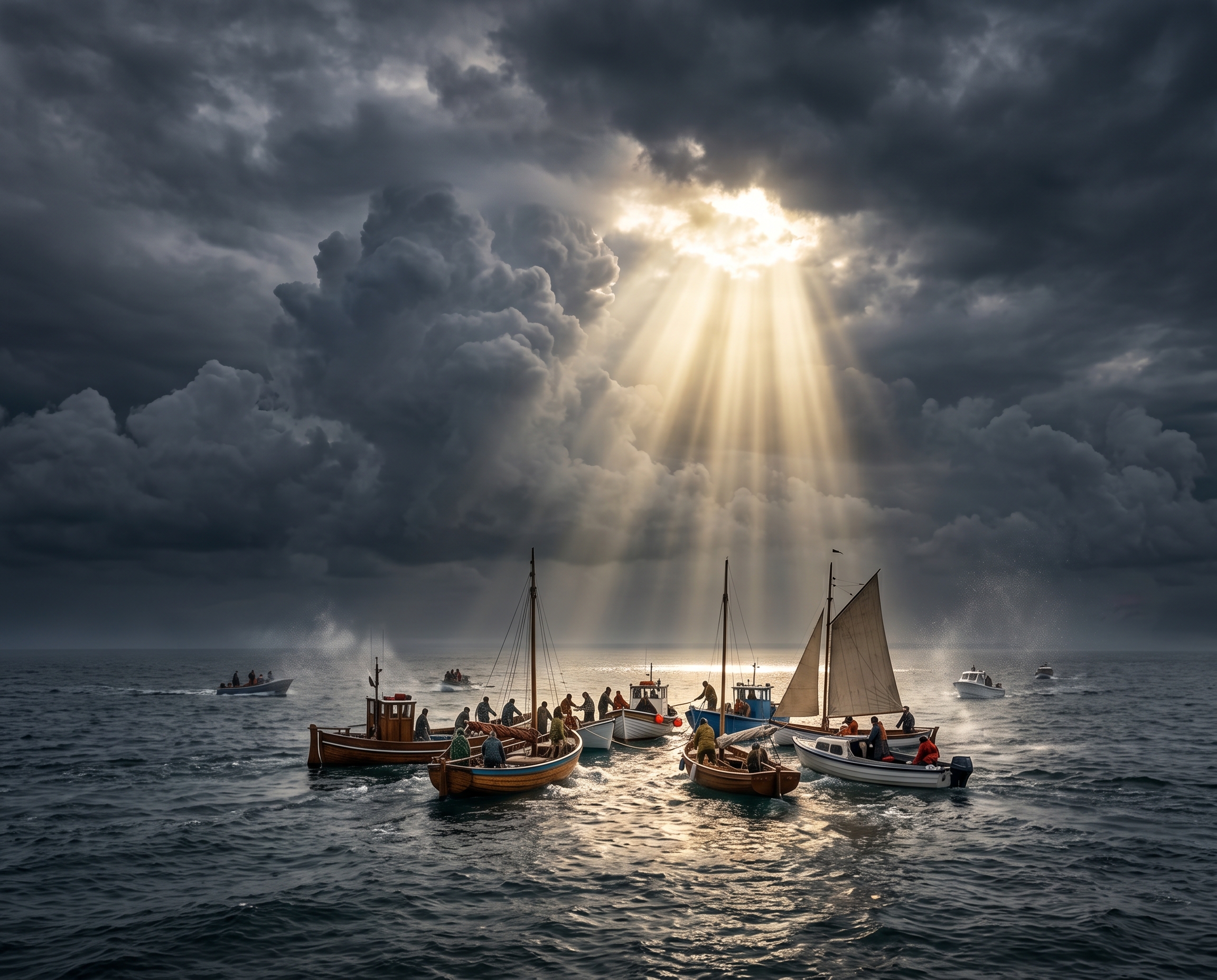 A group of diverse, small fishing boats and a small sailing vessel cluster together on a choppy sea, bathed in bright, concentrated sunbeams that break through a hole in the heavy, dark, dramatic stormy clouds.