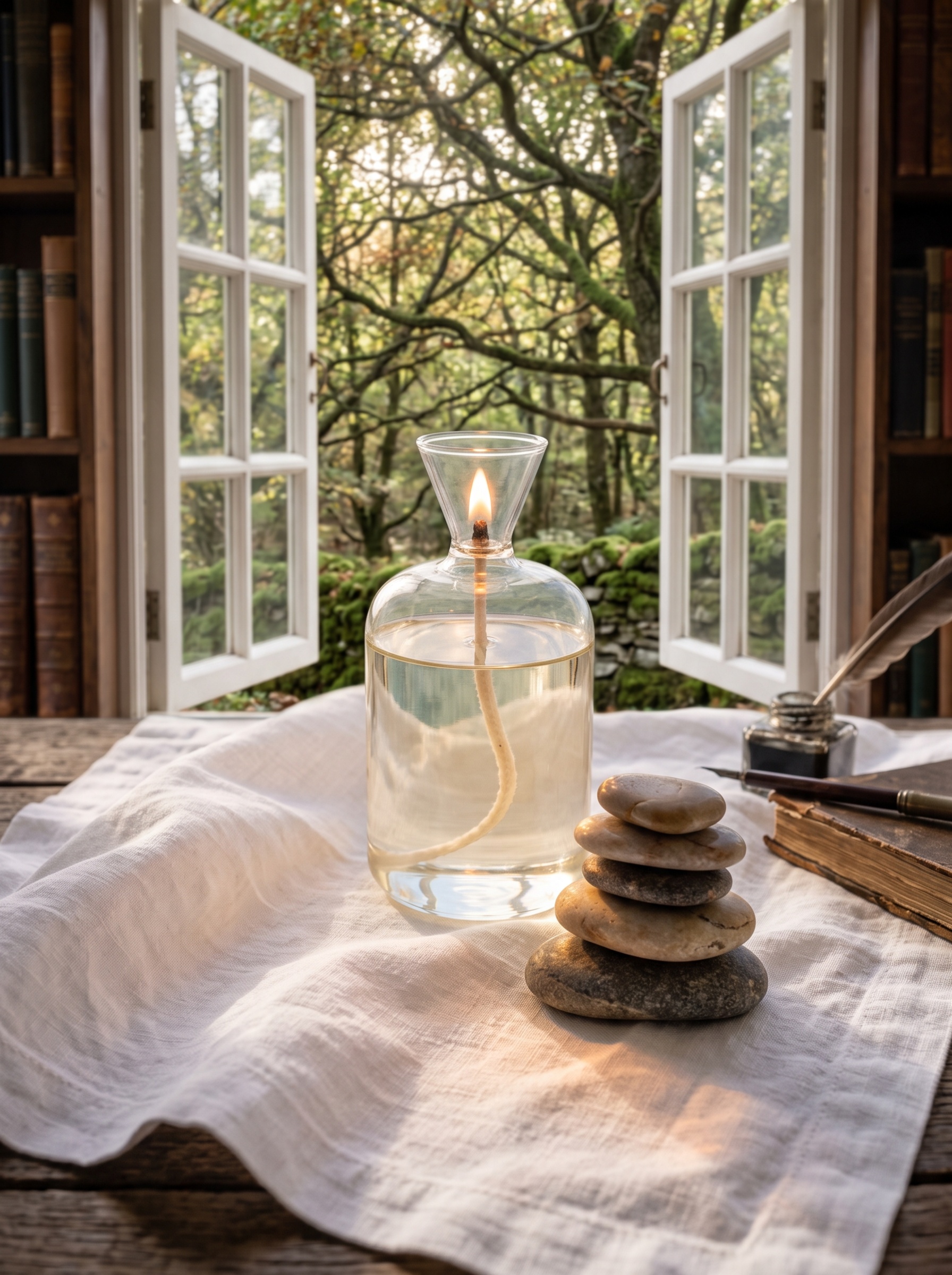 Clear glass oil candle with a soft glowing flame resting on white linen next to a stacked zen stone cairn, an antique book, and an open window overlooking a lush forest.