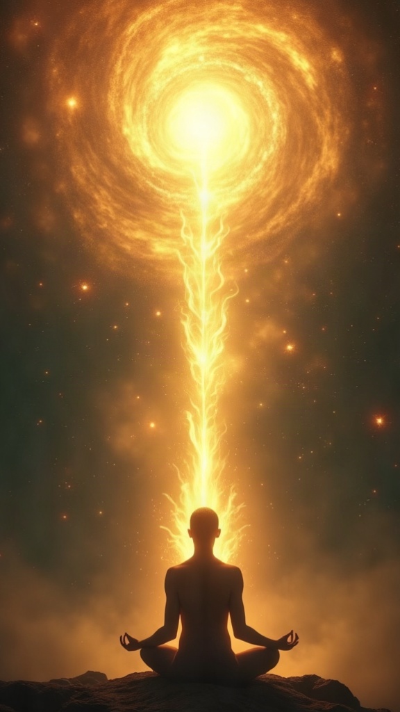 An ethereal image depicting a meditative figure from whose head a golden beam of light extends upwards, connecting to a vast, swirling cosmic energy field. This visually represents the concept of directing one's awareness to the Divine Presence and the Infinite Mind, with subtle glowing aura around the figure symbolizing their energy field filling with spiritual light. The image features warm, soft colors and a mystical, serene atmosphere, conveying spiritual connection and expanded consciousness.