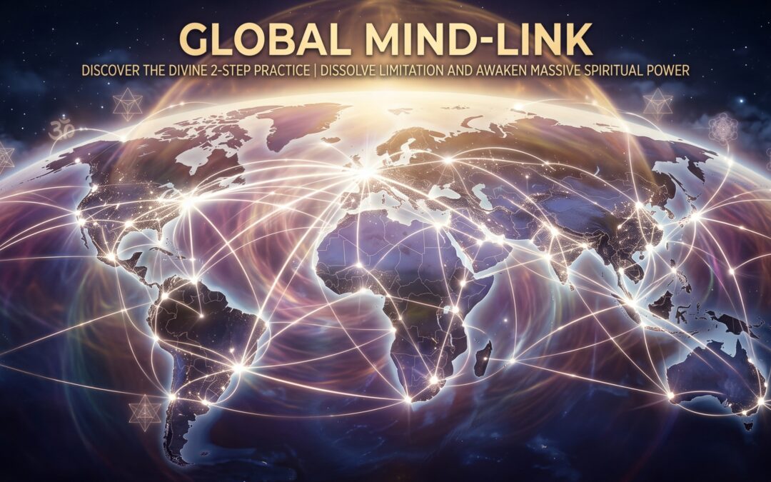 A dramatic, golden-lit digital illustration of a world map from a low-earth orbit, titled "GLOBAL MIND-LINK" and subtitled "DISCOVER THE DIVINE 2-STEP PRACTICE | DISSOLVE LIMITATION AND AWAKEN MASSIVE SPIRITUAL POWER." The dark globe is crisscrossed by an intricate network of radiant, glowing white light lines and points connecting global cities, with large, translucent sacred geometry symbols (like the Flower of Life, Merkaba, and Om) floating around and within the cosmic energy aura.