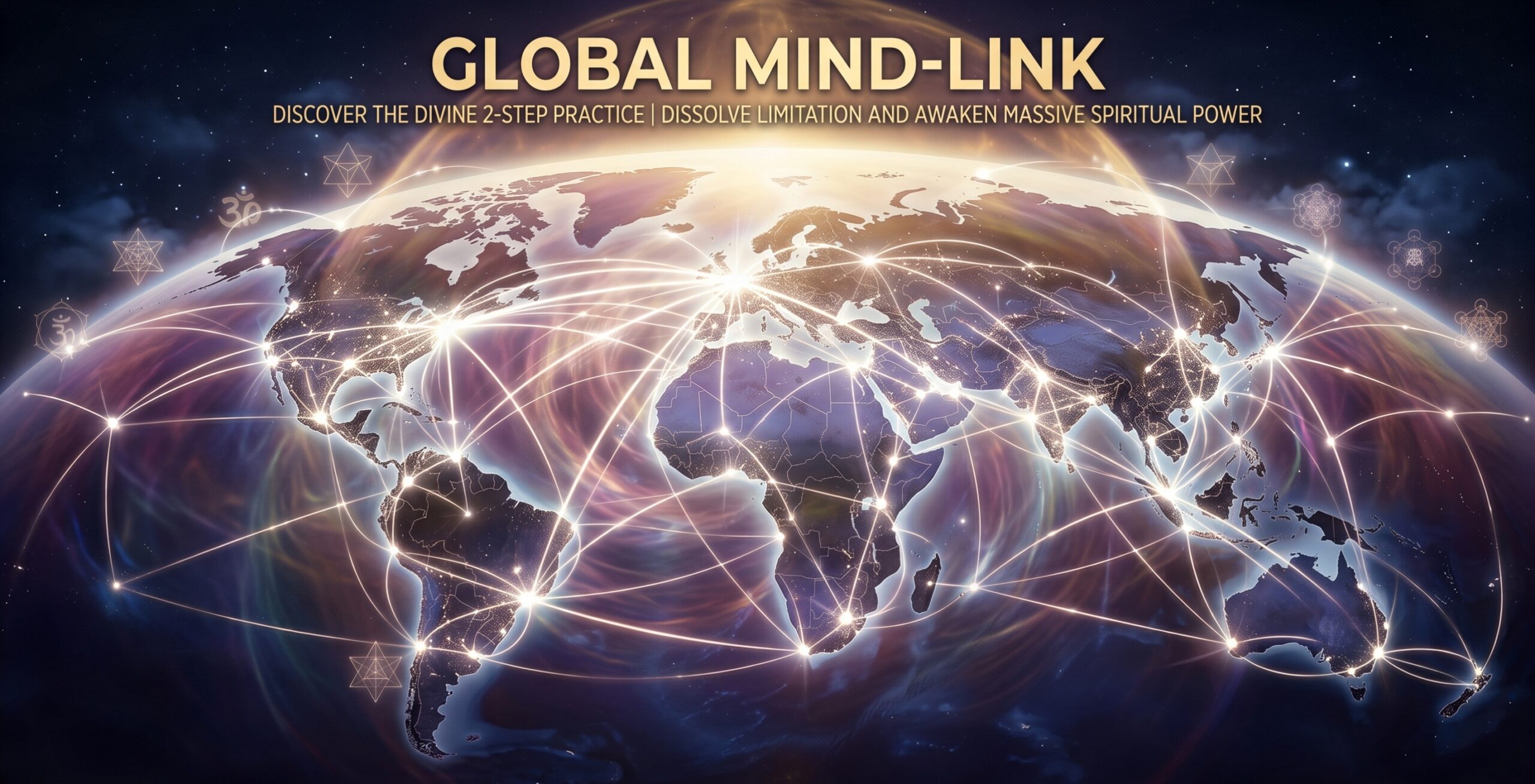A dramatic, golden-lit digital illustration of a world map from a low-earth orbit, titled "GLOBAL MIND-LINK" and subtitled "DISCOVER THE DIVINE 2-STEP PRACTICE | DISSOLVE LIMITATION AND AWAKEN MASSIVE SPIRITUAL POWER." The dark globe is crisscrossed by an intricate network of radiant, glowing white light lines and points connecting global cities, with large, translucent sacred geometry symbols (like the Flower of Life, Merkaba, and Om) floating around and within the cosmic energy aura.