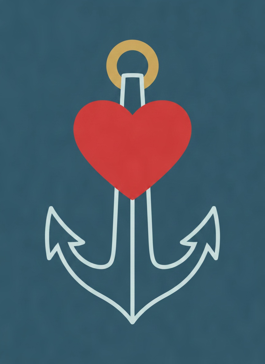 Heart Anchor Minimalist abstract illustration of a heart-shaped red anchor with a gold ring at the top and white anchor outlines, centered on a solid teal-blue background.