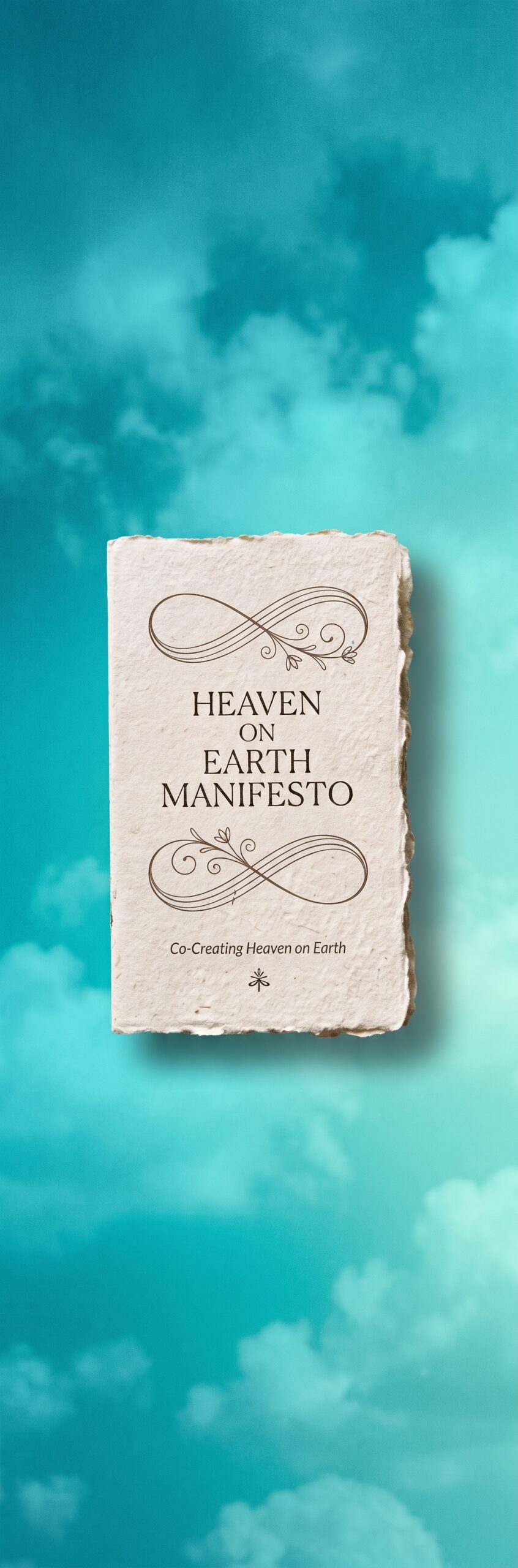 Mockup of a vertical, textured deckle-edge paper booklet titled 'Heaven on Earth Manifesto: Co-Creating Heaven on Earth' floating with a soft shadow over a turquoise gradient sky with soft clouds
