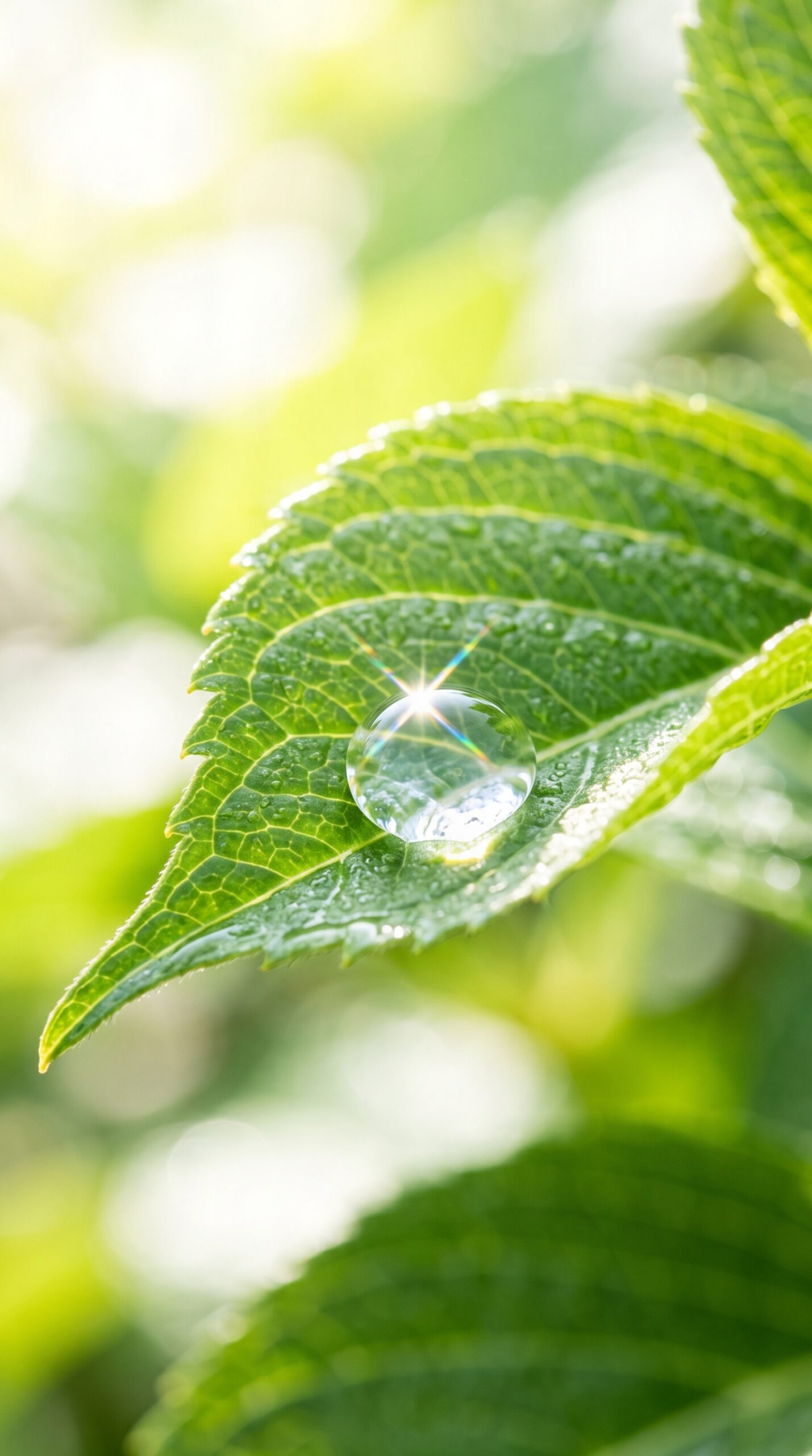 A vertical portrait close-up of a morning dewdrop on a vibrant green leaf catching sunlight, symbolizing a clean human mind acting as a lens for the Divine.