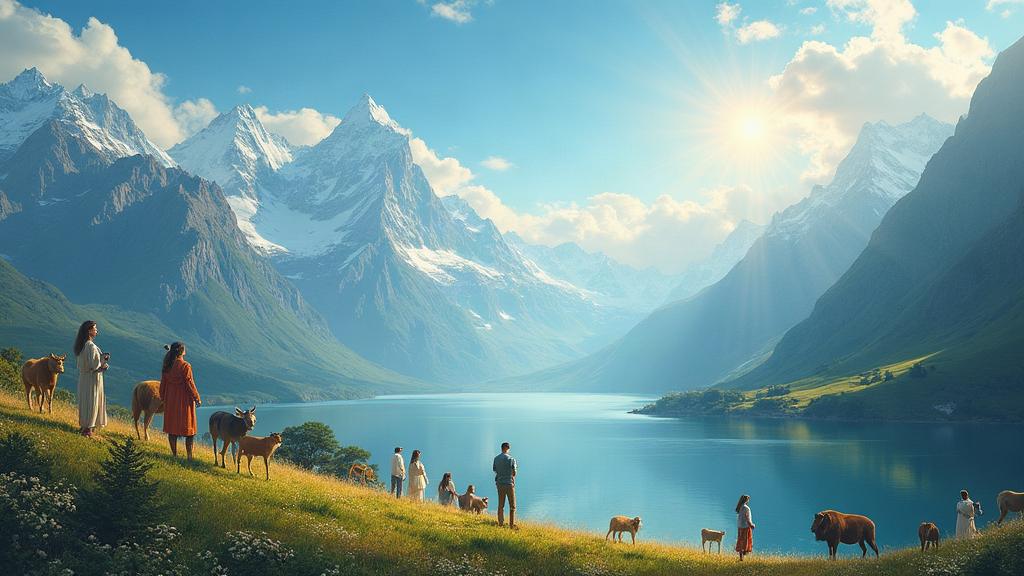 Digital painting depicting a serene vision of the New Earth, with majestic mountains, lush meadows, clear skies, and calm waters. Diverse individuals and animals live together in peace, bathed in soft, divine light, symbolizing unity, natural beauty, and spiritual awakening.