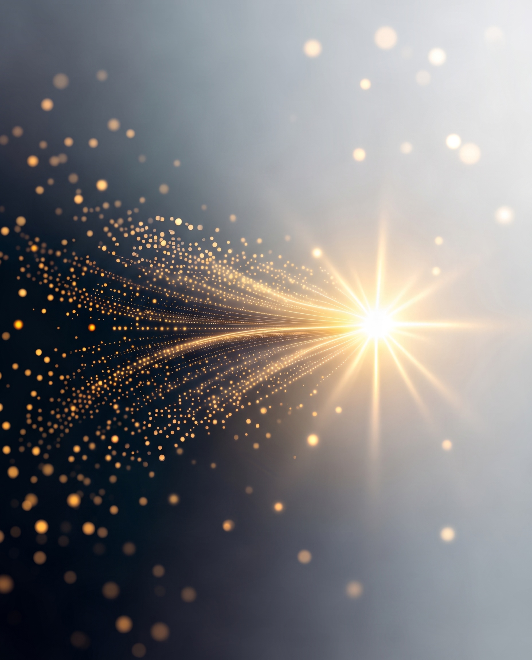 Glowing golden light burst with flowing particle trails and bokeh effects over a dark gradient background.