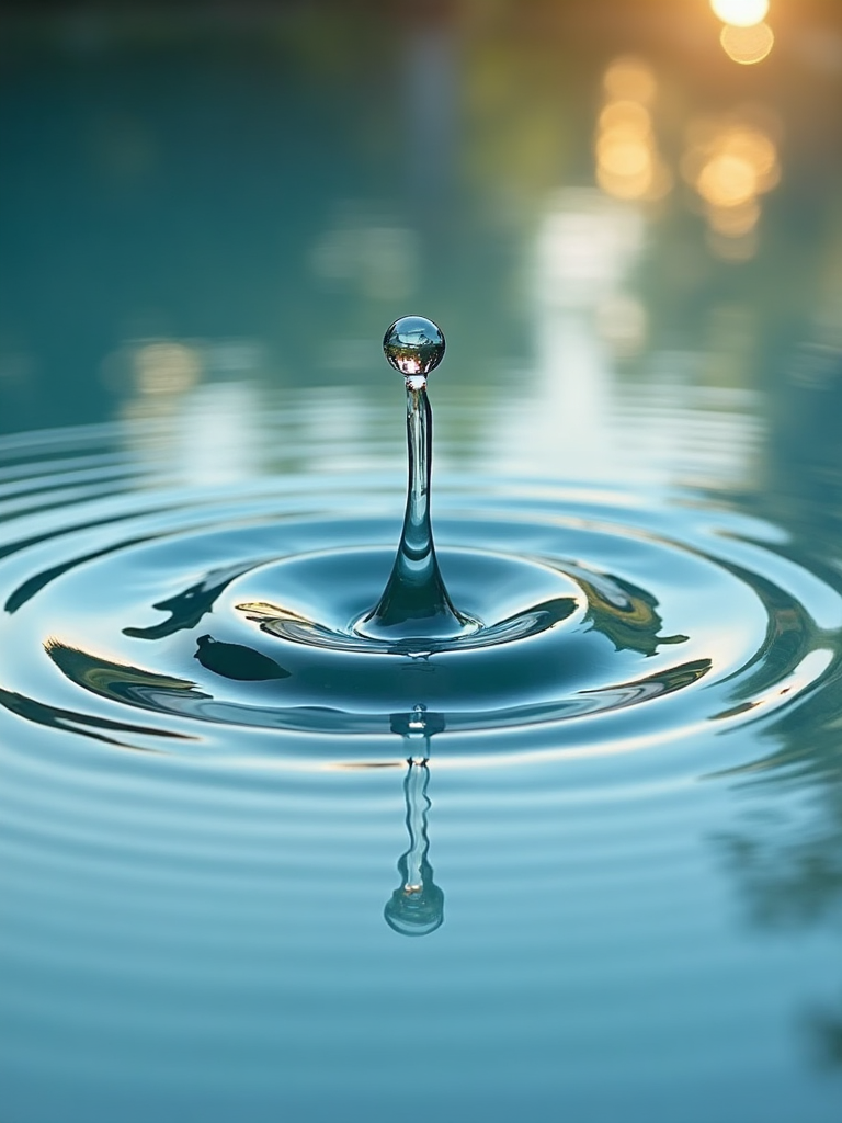 A vertical portrait photograph of a water droplet creating pristine, luminous golden-teal concentric ripples on a calm surface, symbolizing heart-mind coherence radiating out into the collective field.