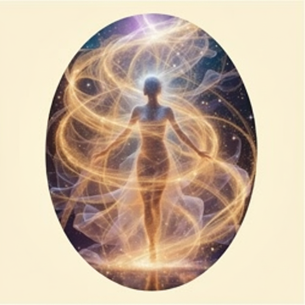 An ethereal, glowing human-like silhouette stands centered within an oval, surrounded by swirling golden light and sparkling stars, all set against a soft, light background.