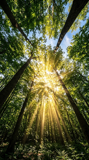 A vertical portrait view of golden sunburst beams filtering down through an open forest canopy, visualizing the human mind remaining open at the top to receive God-Mind.