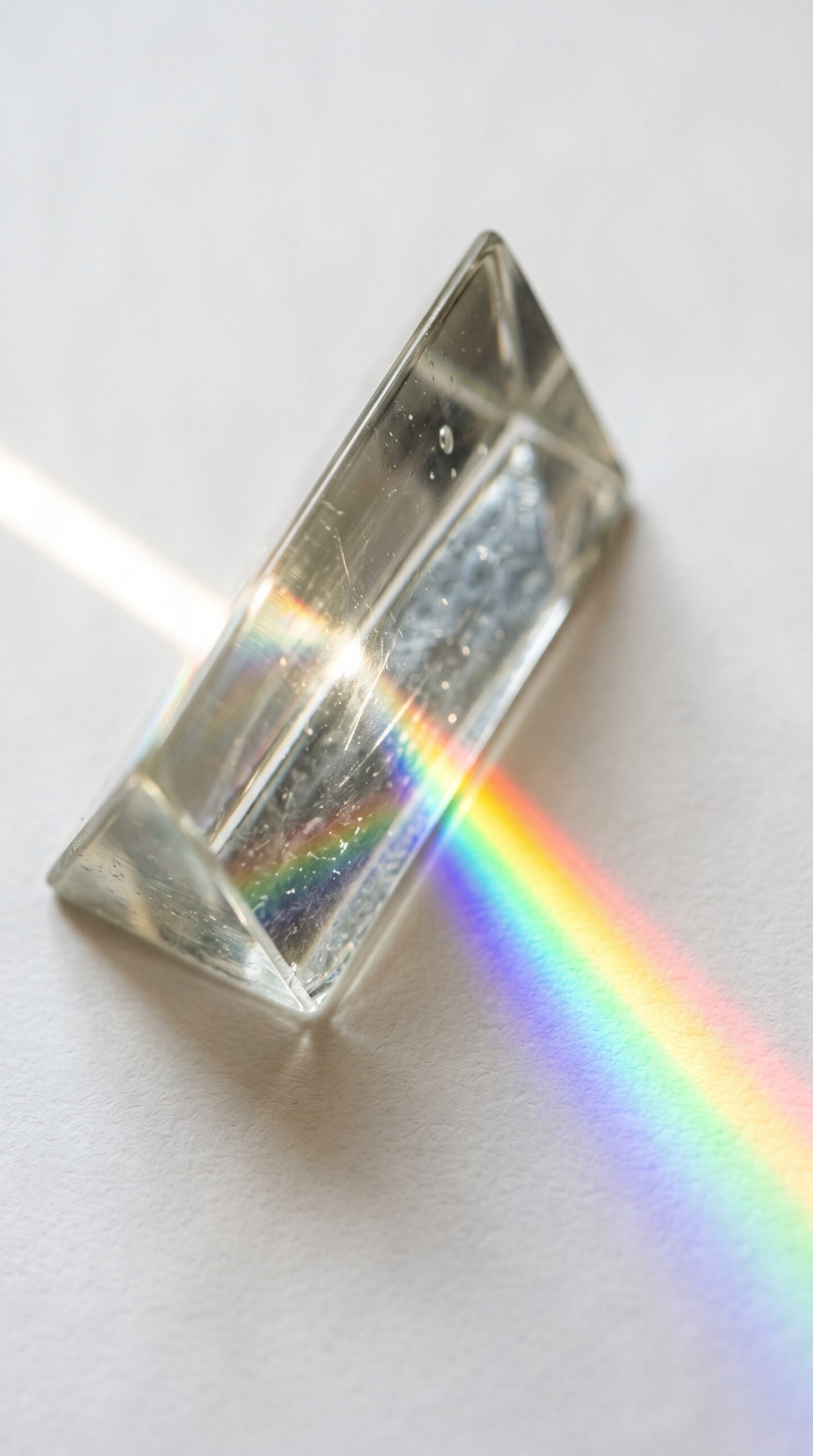 Transparent glass prism catching a brilliant beam of natural light A vertical close-up of a clear glass prism refracting sunlight on a white surface, representing the subconscious mind scanning for patterns of light.