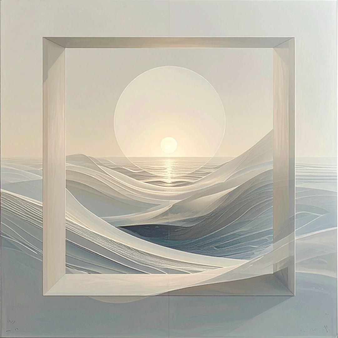 A abstract thin, pale square (frame) with a centered circle inside; barely visible wave-lines extend past the square—inner stillness resonating beyond boundaries.