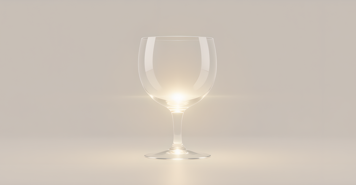A high-key, minimalist graphic of a glowing, transparent crystal chalice outline, radiating a soft golden-teal light against a pure white background.