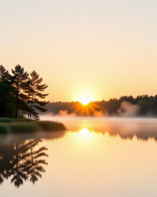 The Subject: A minimalist, wide-angle landscape shot of the early morning horizon at dawn. The camera is turned directly toward a soft, golden sunburst rising over completely calm, mirror-like water or a faint misty field.The Lighting: High-key, overexposed, and glowing light. There should be a beautiful, large lens flare or sun streak arcing gently across the upper corner.The Color Palette: Soft whites, faint cream tints (#FBF9F6), delicate pastel golds (#FCE6B1), and light hints of ethereal morning blue. Avoid dark charcoal, heavy rain-cloud grays, or intense midday colors.