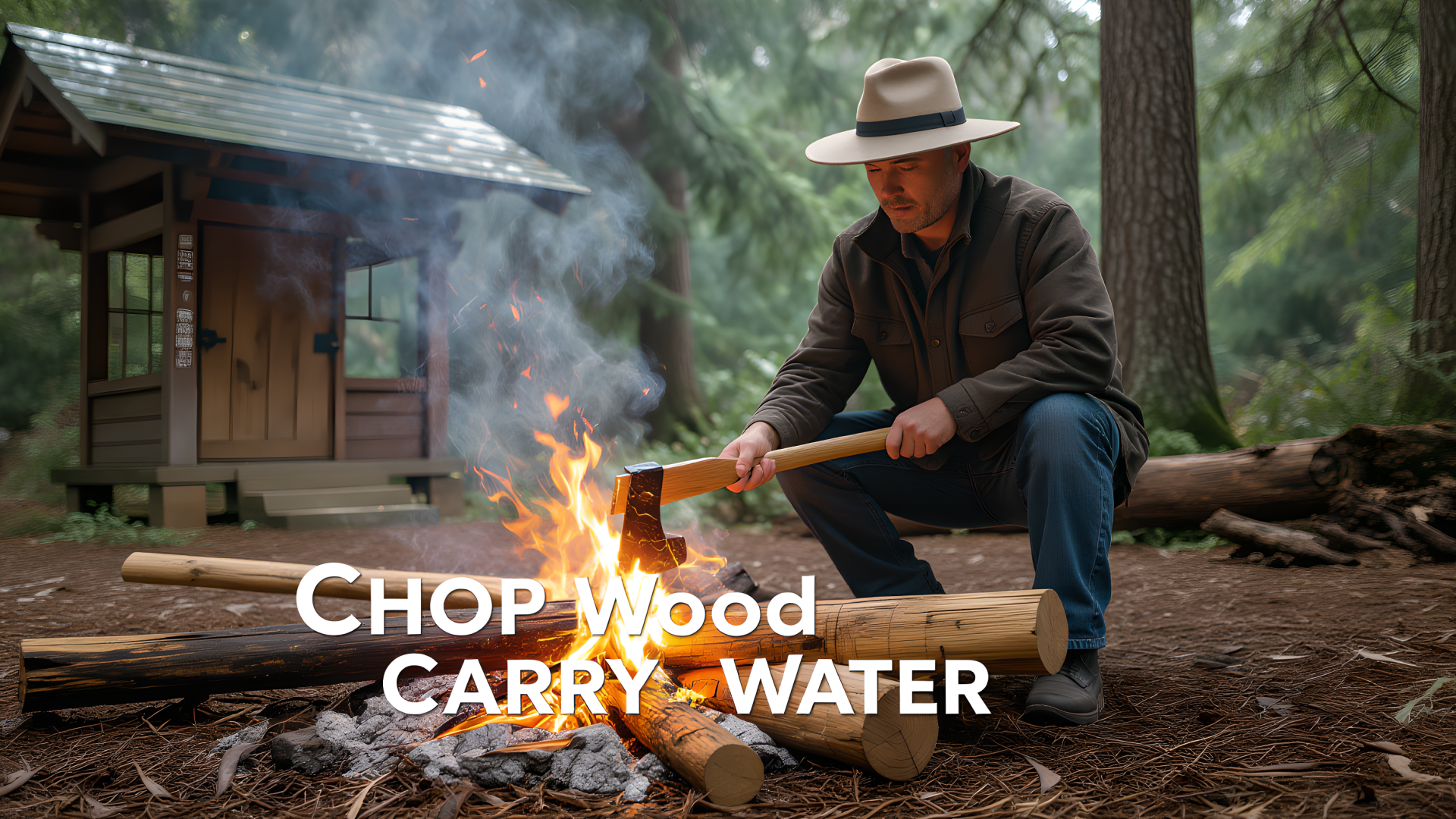 Chop Wood Carry Water - Man lighting a fire at dawn in a forest.