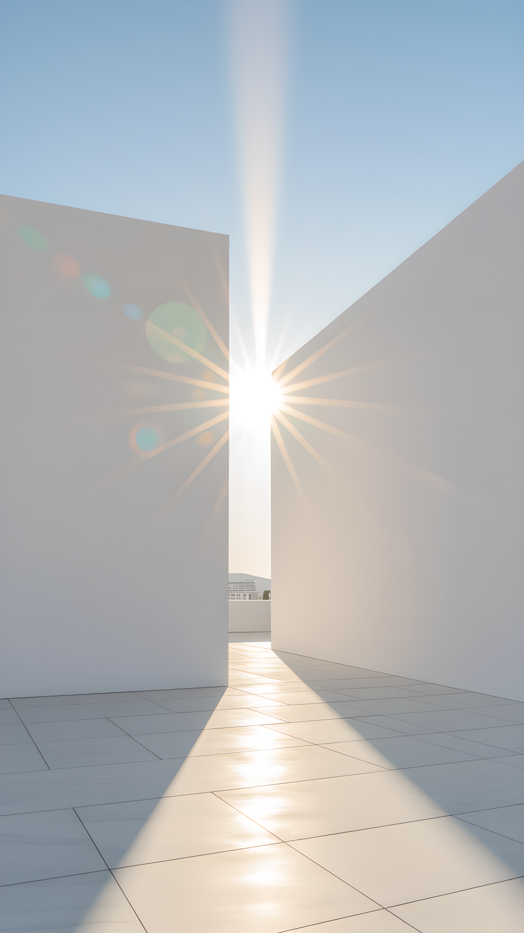 A high-key, sun-drenched, portrait-oriented shot of light beaming across water
