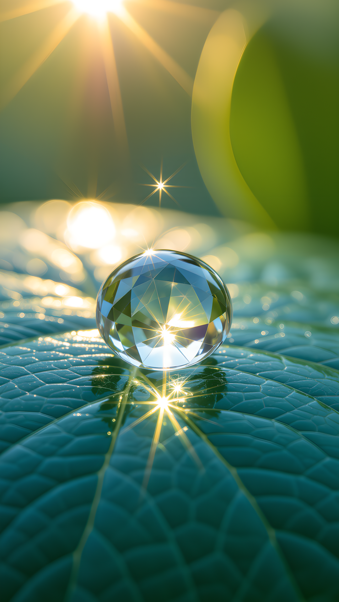 A vertical portrait close-up of a sparkling dewdrop on a leaf catching morning sunlight, representing a human mind acting as a clean lens for the Divine.