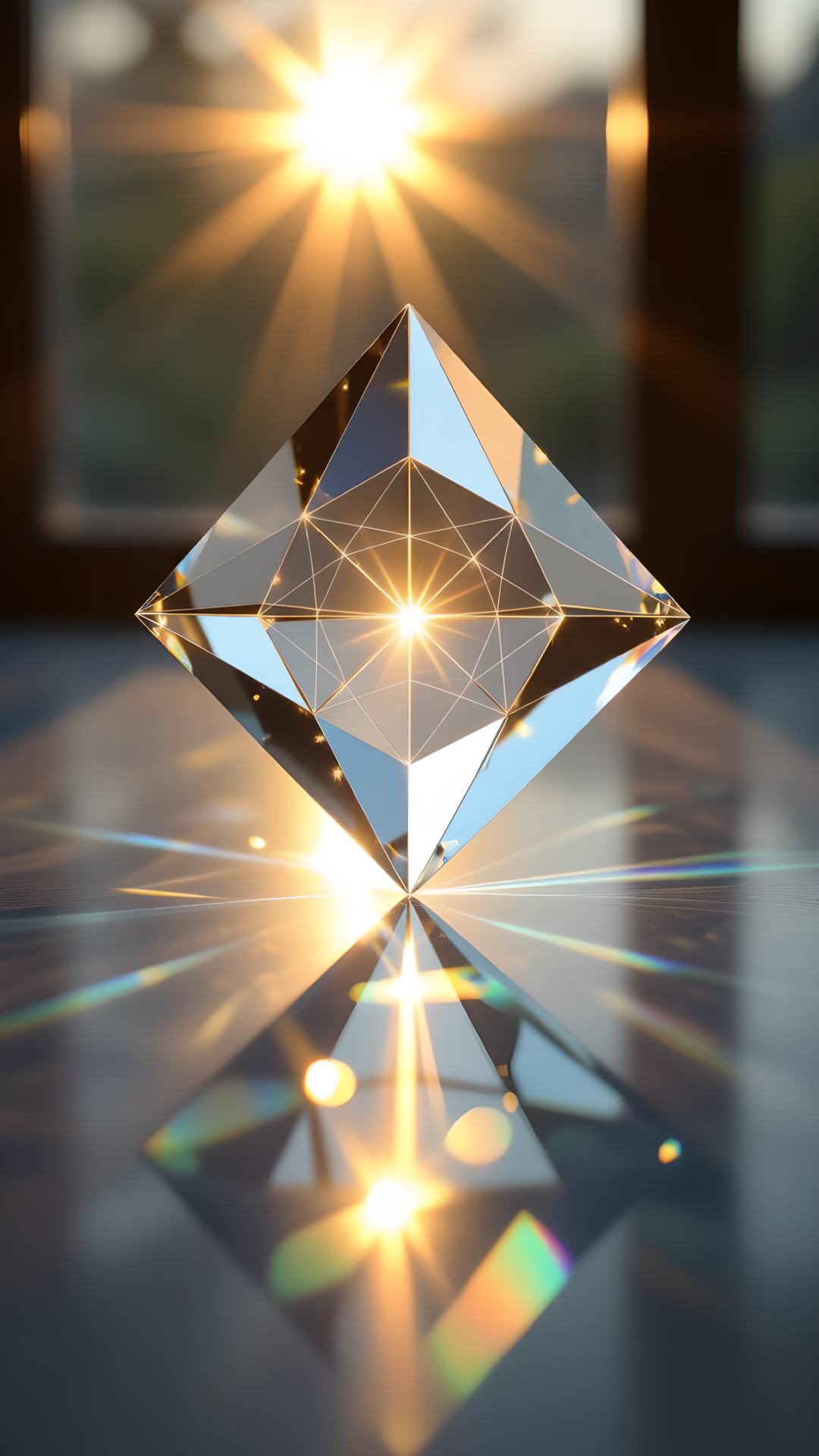 A vertical portrait photograph of clean golden sunlight refracting through glass prisms to create an interconnected web of pure light beams, representing the collective field of Oneness.