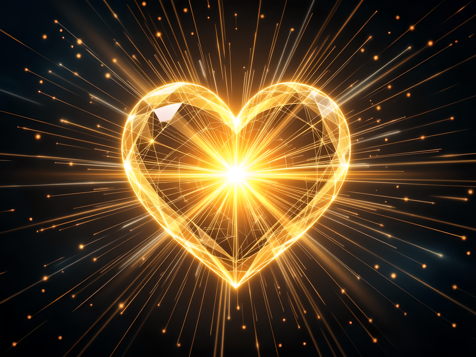A central glowing translucent gold heart shooting rays of light in all directions