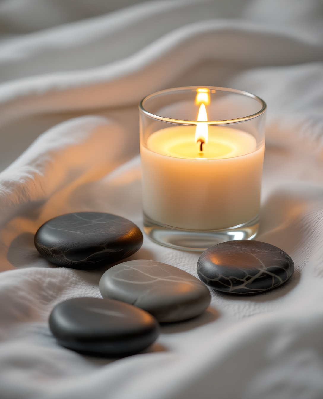 A vertical portrait orientation image of smooth, warm river stones resting on white linen next to a glowing glass oil candle flame, projecting a feeling of profound restoration, peace, and spiritual safety.