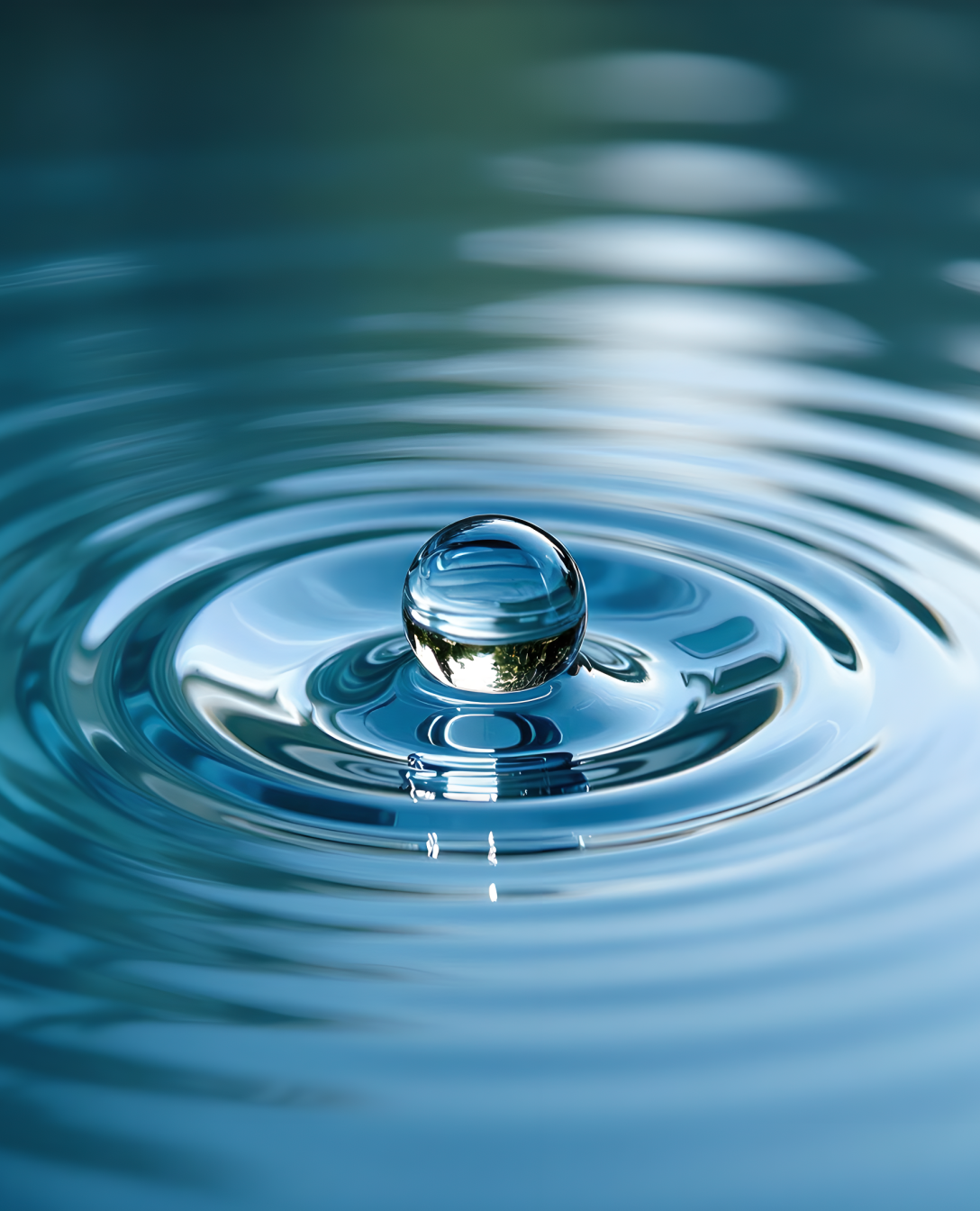A vertical portrait photograph of a water droplet creating pristine, luminous golden-teal concentric ripples on a calm surface, symbolizing heart-mind coherence.