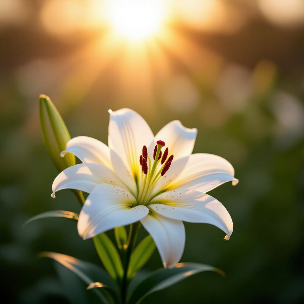 a pure white lily blooming elegantly under a warm, angled beam of clean morning sunlight