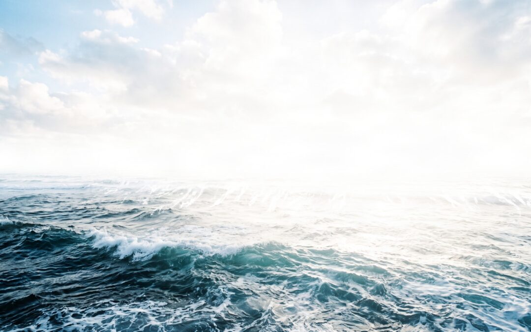 A bright full-width 1200x624 landscape photograph of an ocean dissolving into brilliant white sunlight, representing the infinite field of spiritual substance.