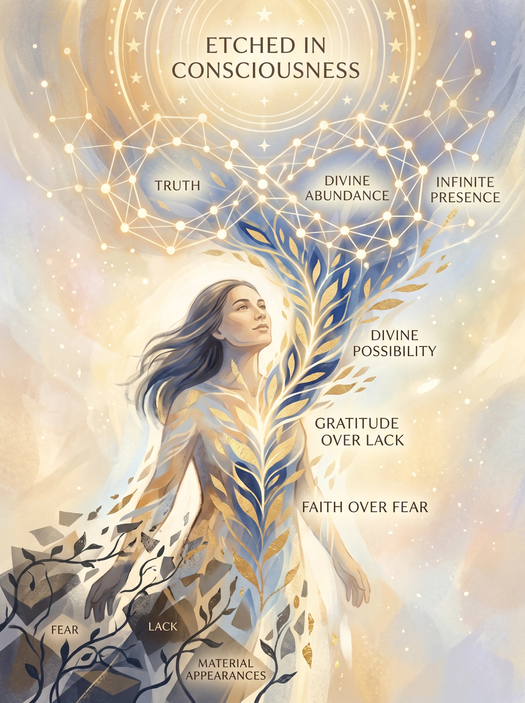 Etched in Consciousness - Transmuting Fear to Divine Abundance Spiritual illustration of a woman rising from dark fragmented textures of fear and lack into a luminous golden aura, with a glowing infinity network above depicting truth, divine abundance, and infinite presence.