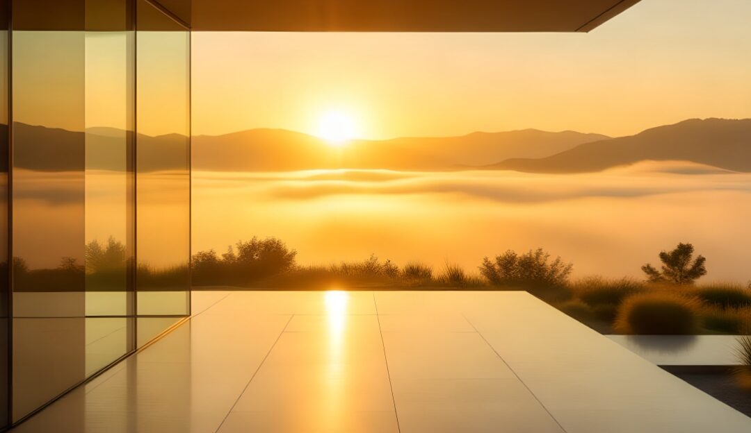 A bright full-width 1200x624 landscape photograph of an open glass doorway leading into a luminous golden misty dawn, representing the conscious choice of gratitude.