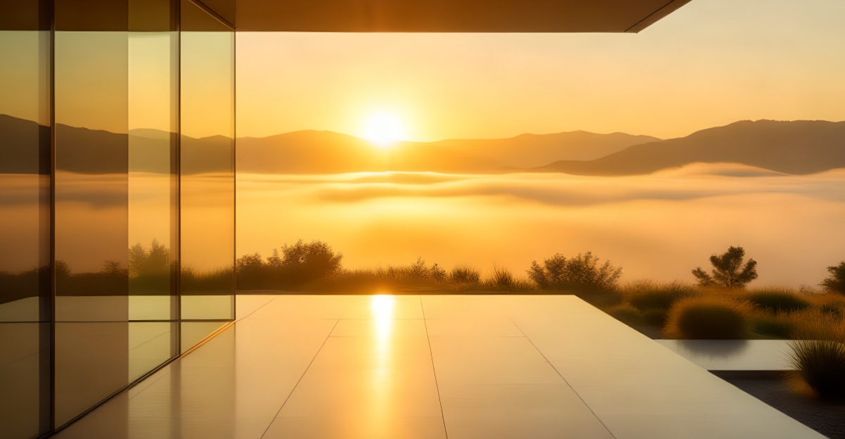 A bright full-width 1200x624 landscape photograph of an open glass doorway leading into a luminous golden misty dawn, representing the conscious choice of gratitude.