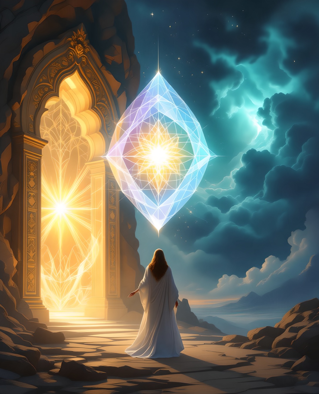 A figure in a flowing white robe stands on a stone path before an ornate, glowing golden gateway and a floating geometric crystal radiating light under a mystical night sky.