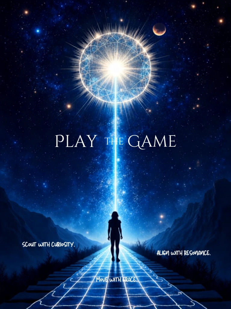 Mystical night landscape with a silhouetted person walking along a glowing, grid-like path toward a radiant celestial sphere, symbolizing curiosity, resonance, alignment, and conscious participation in life; text reads “PLAY THE GAME,” “Scout with curiosity,” “Align with resonance,” and “Move with grace.”