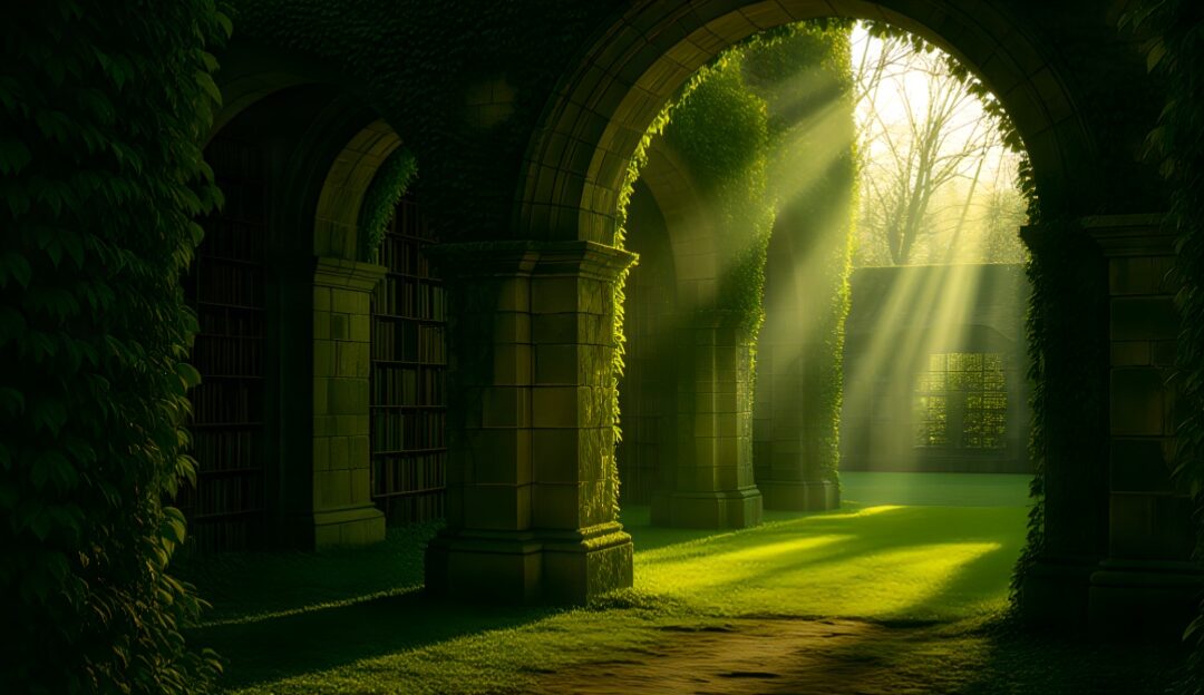 A beautiful full-bleed landscape photograph showing an ancient, sun-drenched stone archway wrapped in fresh morning ivy. Strong vertical lines and blinding white morning sunlight filtering through the background create an elite sanctuary aesthetic with absolute contrast and no heavy black shadows