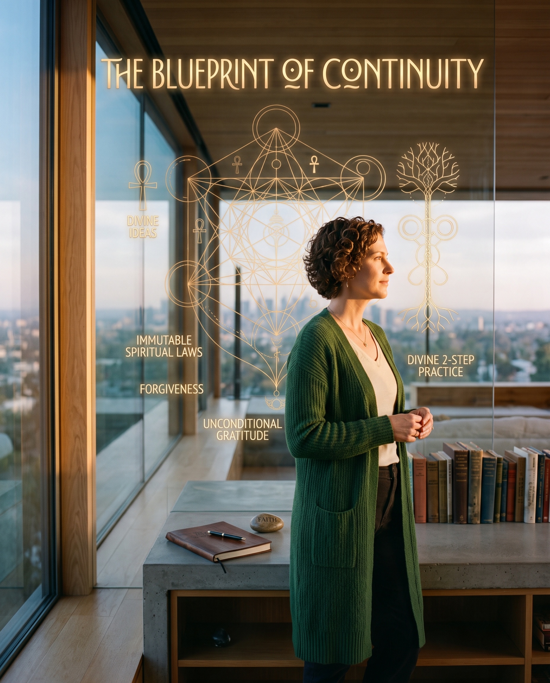 Woman looking out an expansive window overlooking a city at golden hour, beside an intricate sacred geometry blueprint diagram titled The Blueprint of Continuity featuring spiritual concepts like forgiveness and unconditional gratitude.