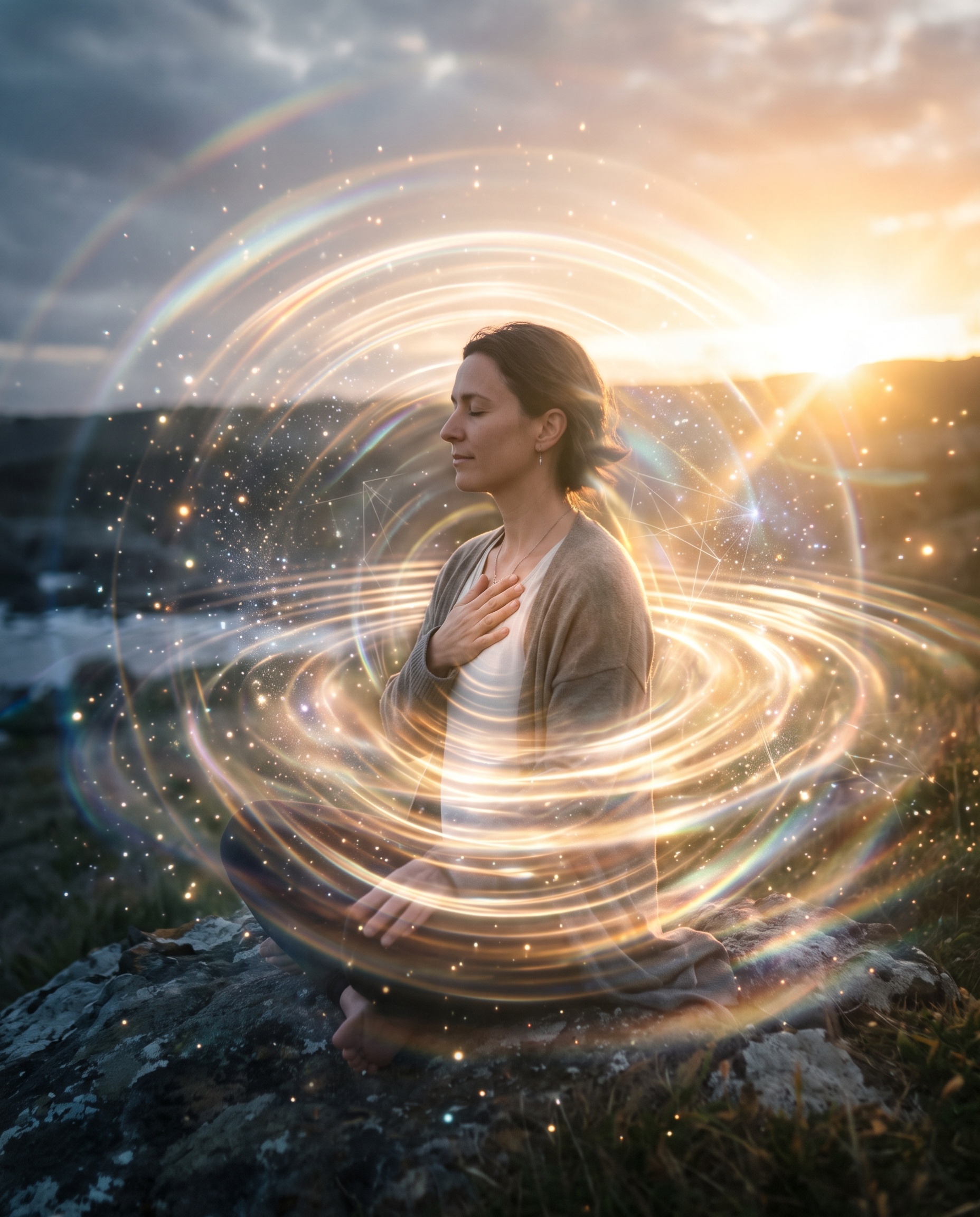 `Woman meditating outdoors with hand on heart center radiating golden quantum light ripples at sunrise, practicing mindfulness and spiritual gratitude.`