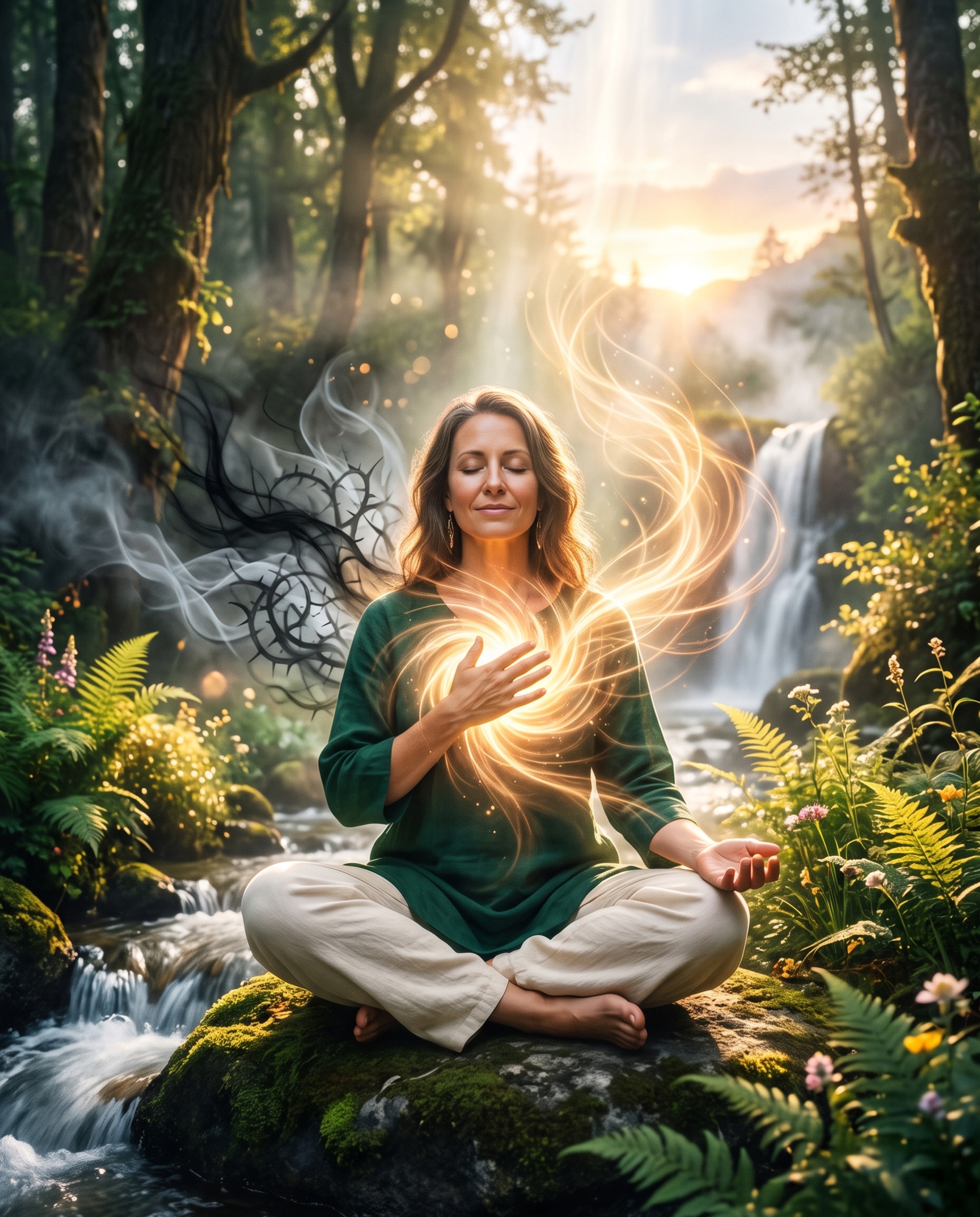 Tuning the Heart Center Woman meditating in nature with glowing golden light radiating from her heart center, dissolving dark shadows into warm sunlight near a waterfall.