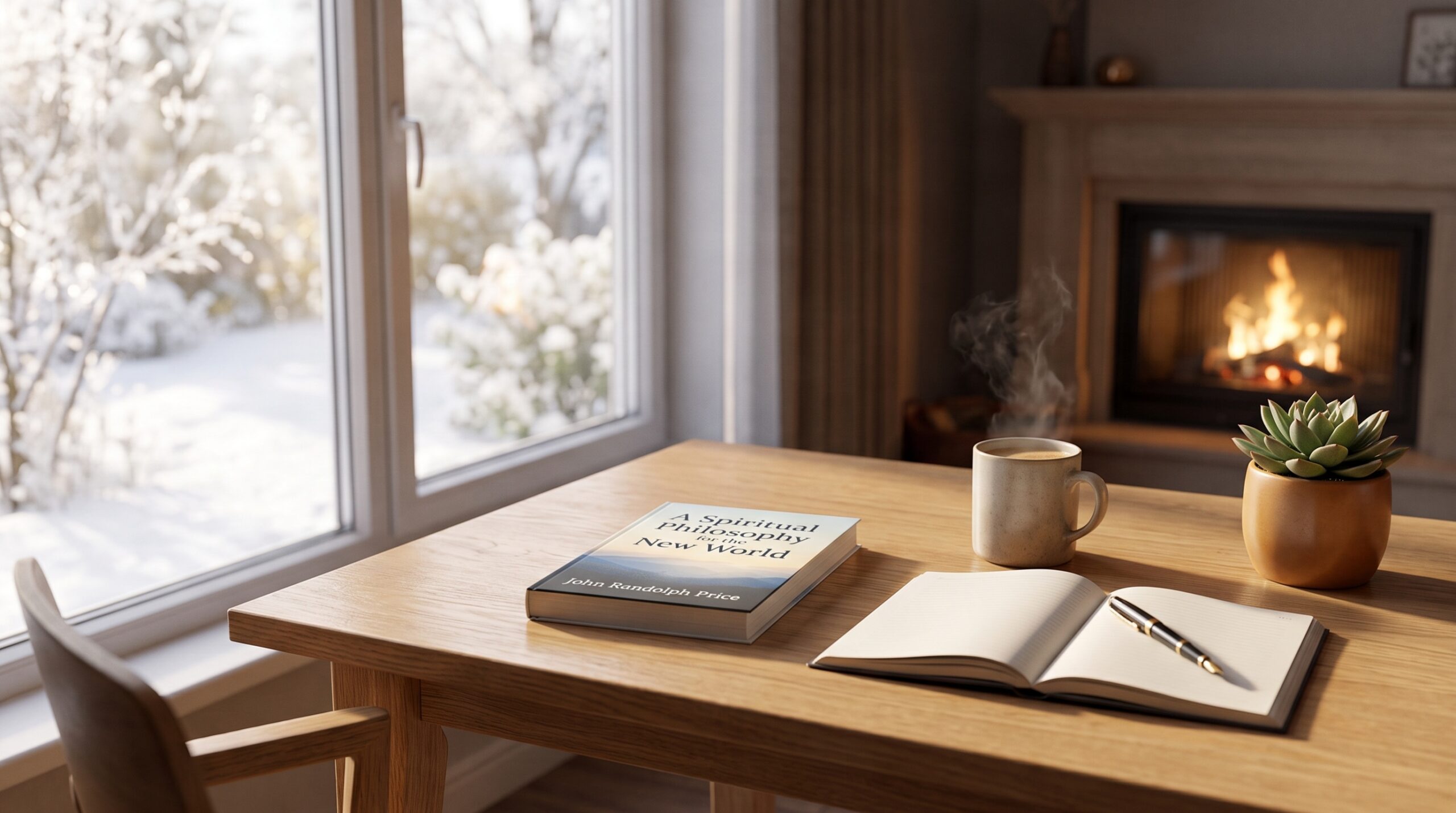 A cozy winter study table featuring John Randolph Price's book "A Spiritual Philosophy for the New World," an open journal with a pen, a steaming ceramic mug, and a potted succulent next to a snow-covered window and lit fireplace.