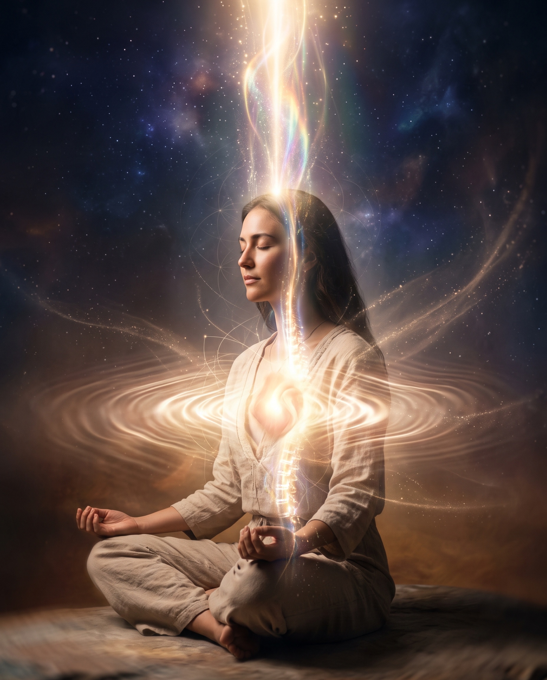 A meditating woman seated in cross-legged pose with eyes closed, illustrating the activation of a luminous energy channel ascending through the crown and a glowing heart center radiating warm concentric light waves against a cosmic background.