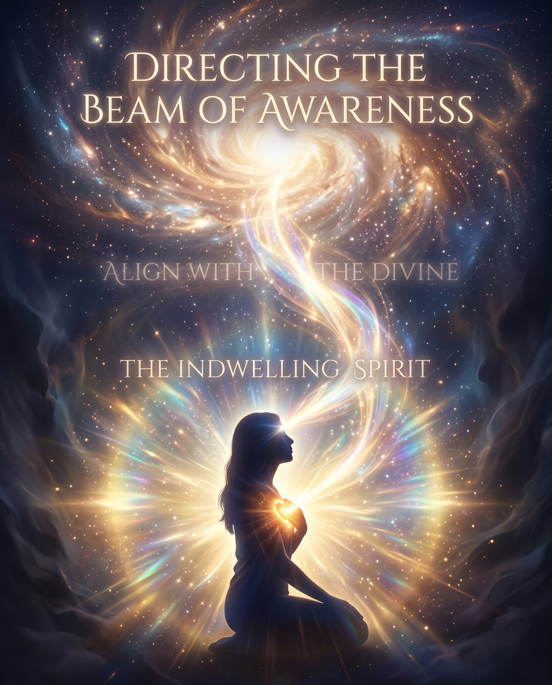 Digital illustration in 4:5 aspect ratio showing a meditating silhouette illuminated by golden light rays from the heart and third eye, connecting to a swirling celestial galaxy. Overlaid text reads Directing the Beam of Awareness, Align With the Divine, and The Indwelling Spirit.