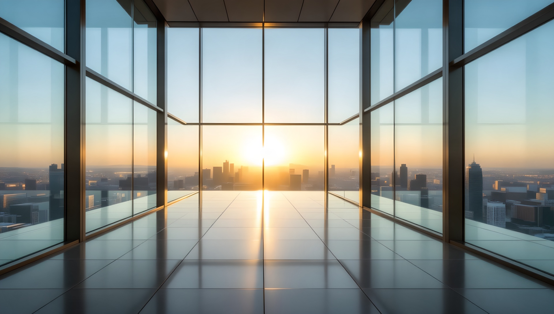 Sunrise Over City Skyline from a Modern Glass Office Panoramic view of a sunrise city skyline through floor-to-ceiling glass windows in a high-rise modern office, with reflective tiled floors and warm golden light.