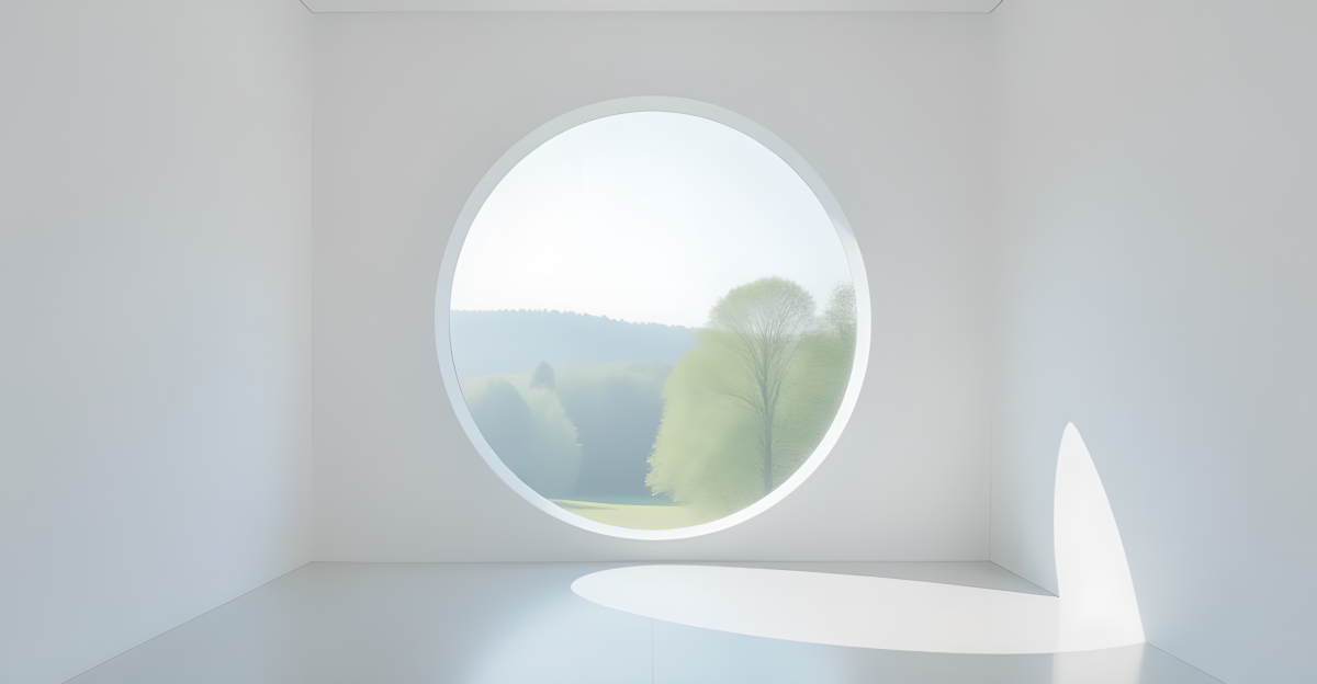 A bright full-width 1200x624 minimalist photograph of a single circular wall opening looking out onto sun-drenched emerald greenery, representing the single eye of spiritual truth.